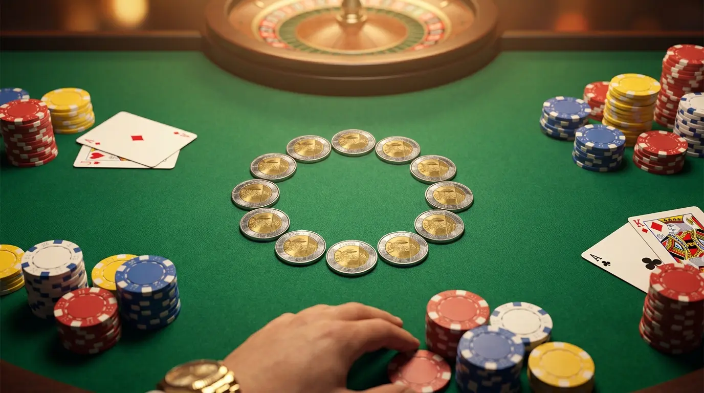 Monedas peruanas con fichas de casino sobre mesa verde