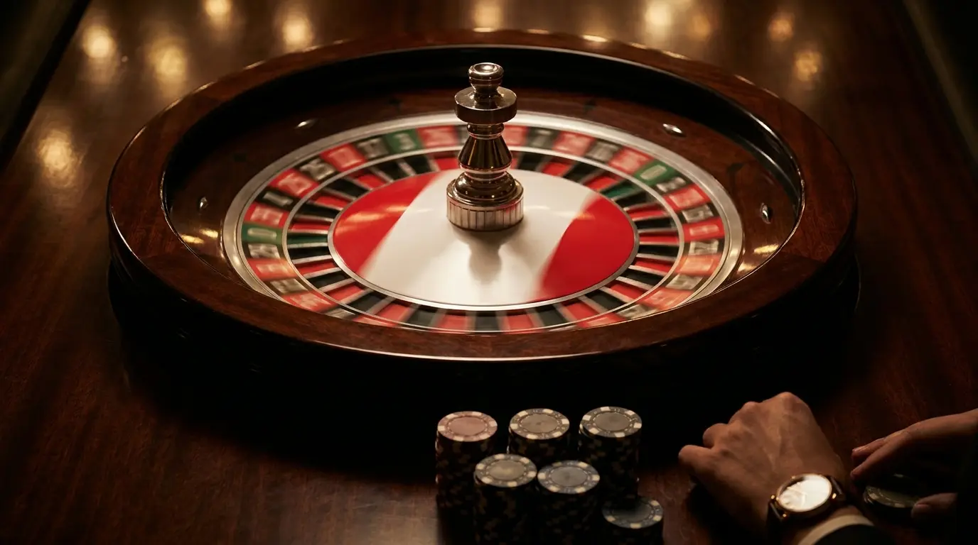 Ruleta de casino girando con fichas en primer plano
