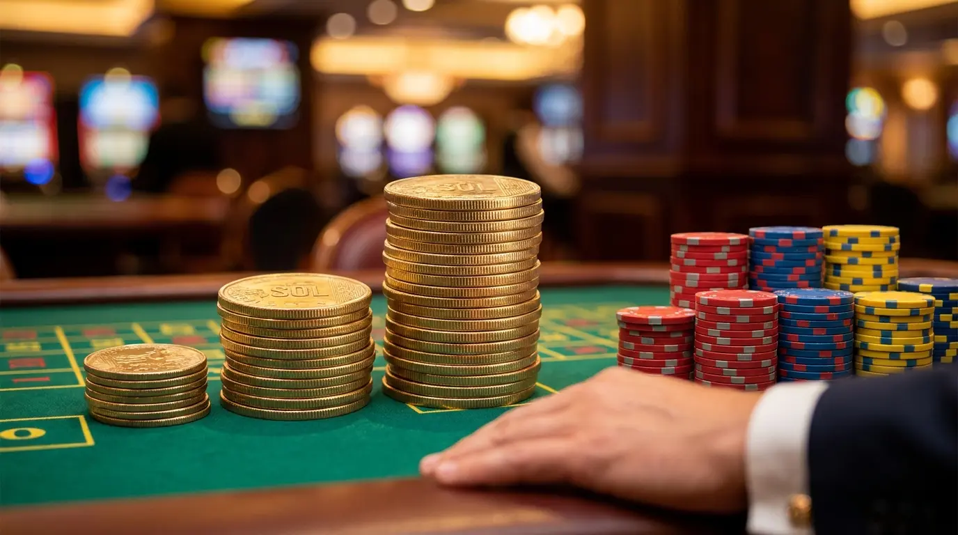 Monedas peruanas y fichas de casino sobre mesa de juego verde