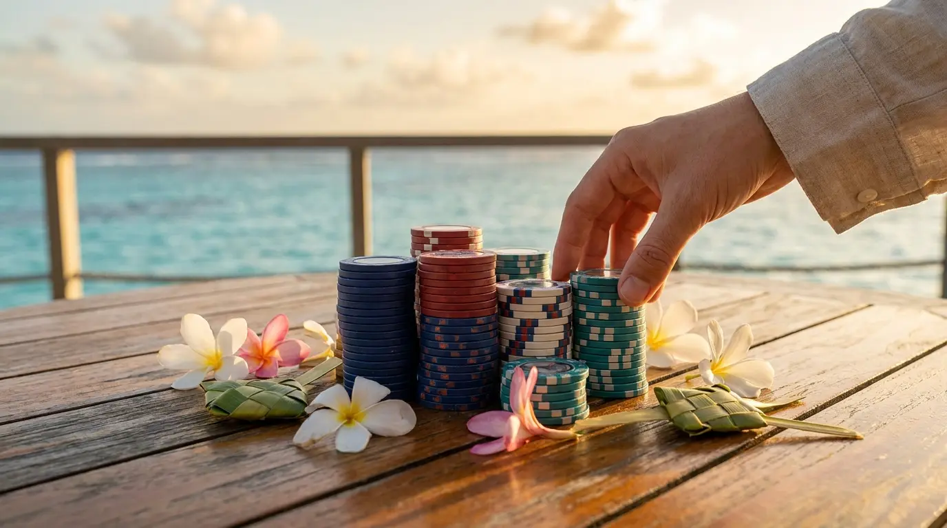 Fichas de casino con flores tropicales y colores peruanos