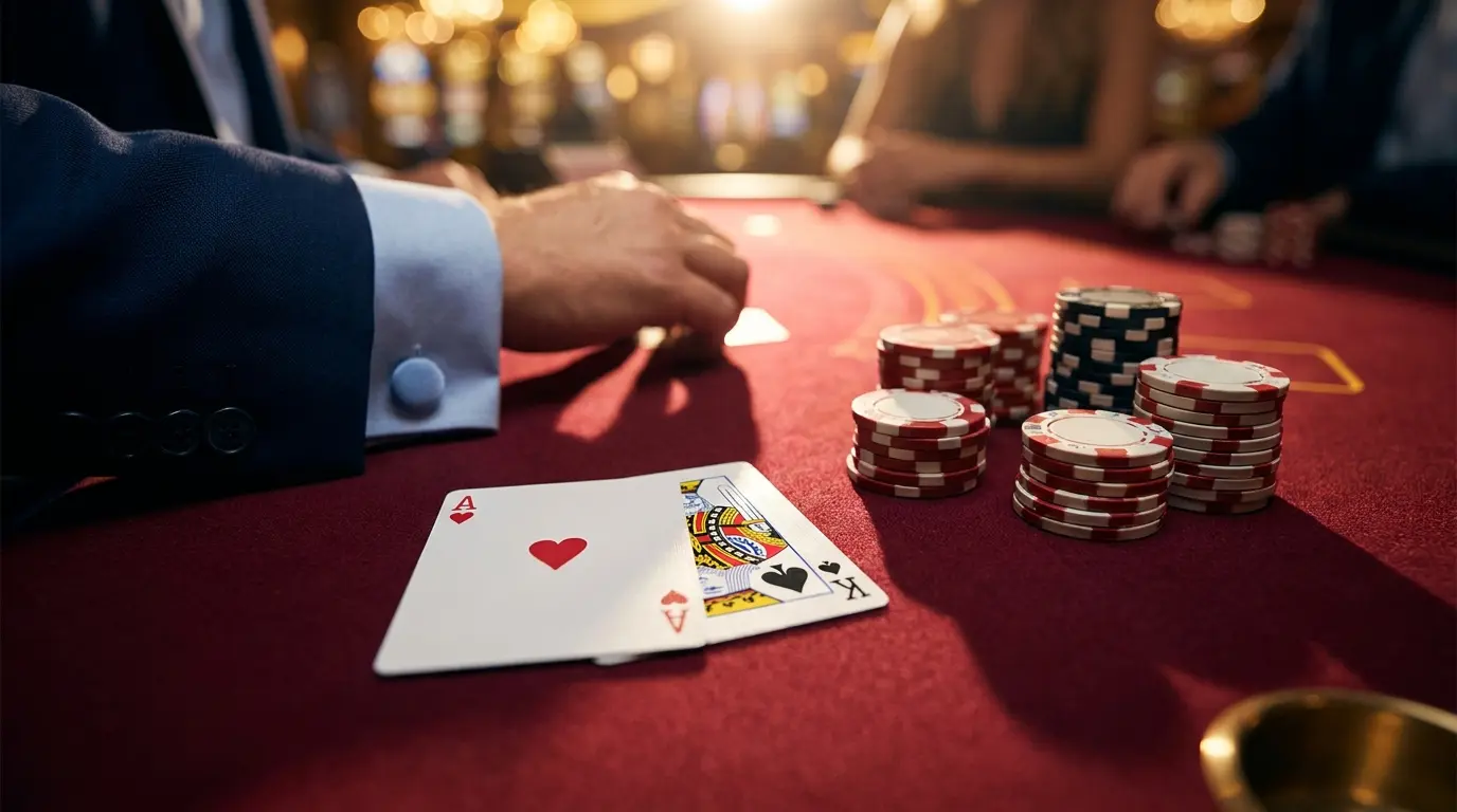 Karty blackjack i żetony w polskich barwach na kasynie stole