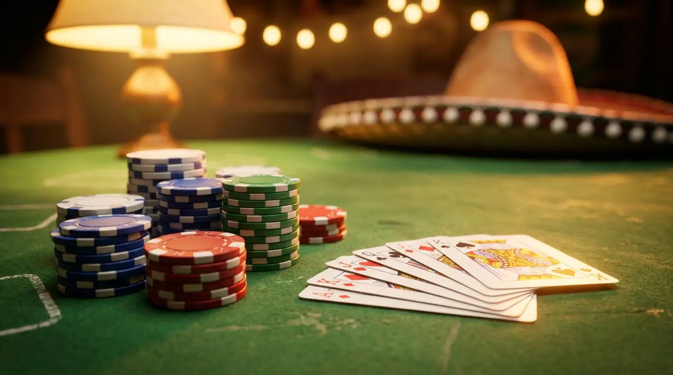 呕etony pokerowe i karty na stole kasynowym z meksyka艅skimi akcentami