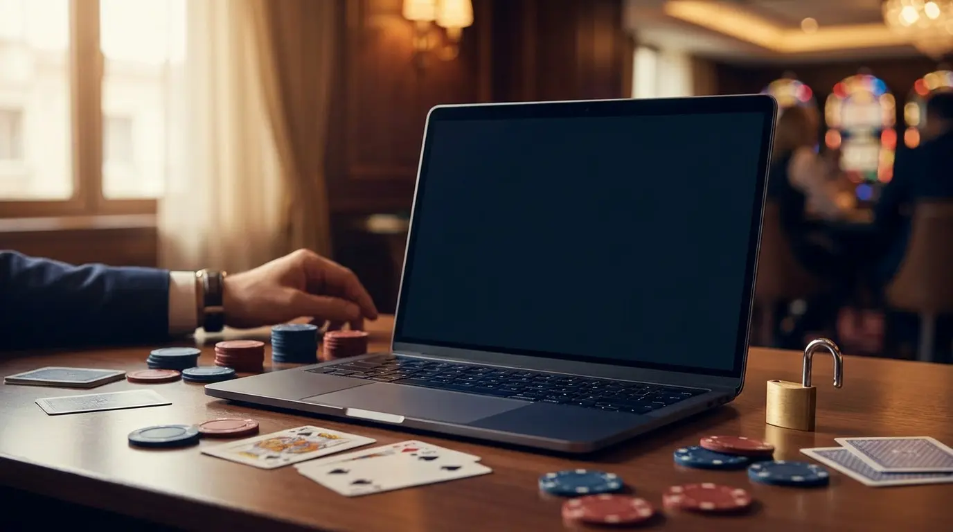 Laptop z żetonami i kartami do gry oraz otwartą kłódką