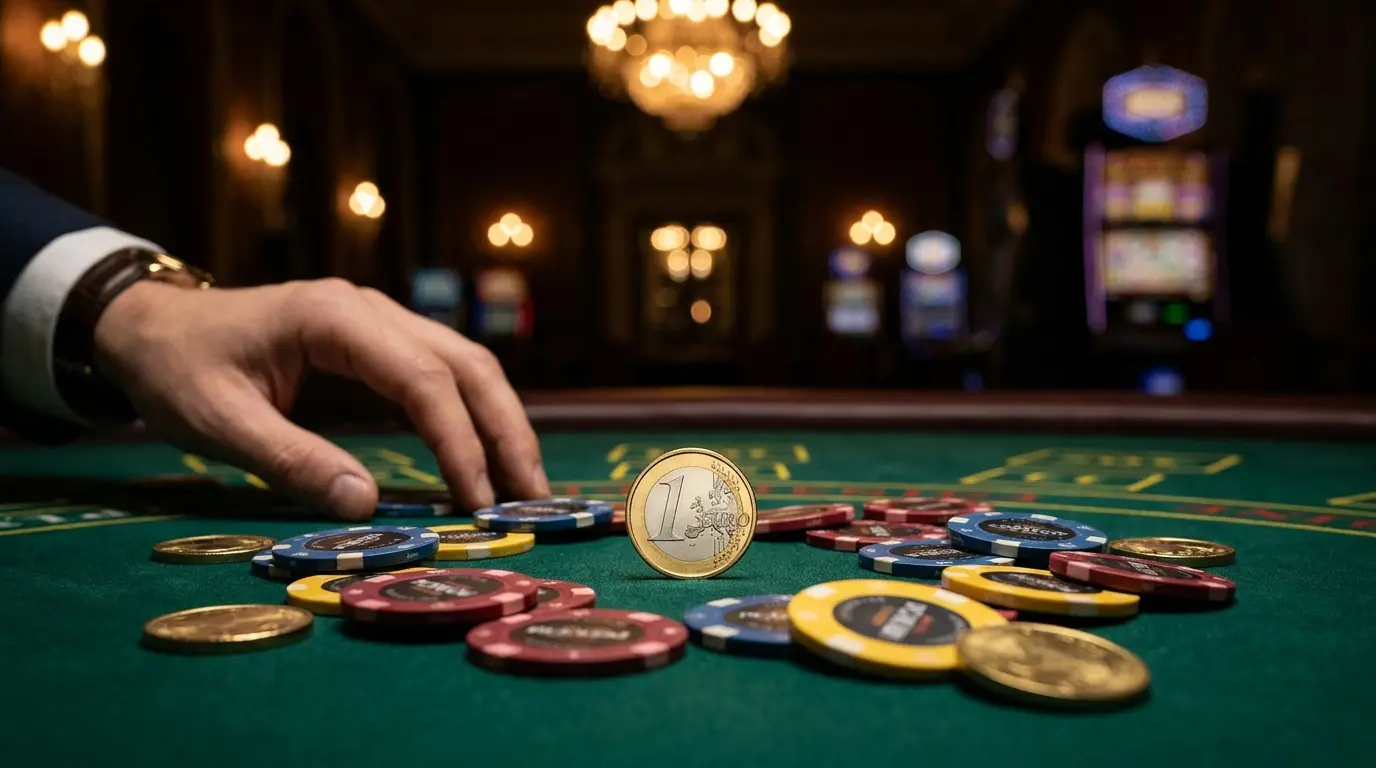 Moneta dziesięć euro otoczona żetonami poker na zielonym suknie