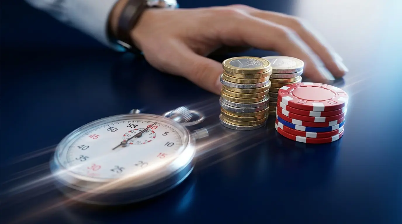 Monety euro i żetony kasynowe z chronometrem symbolizujące szybkie wypłaty