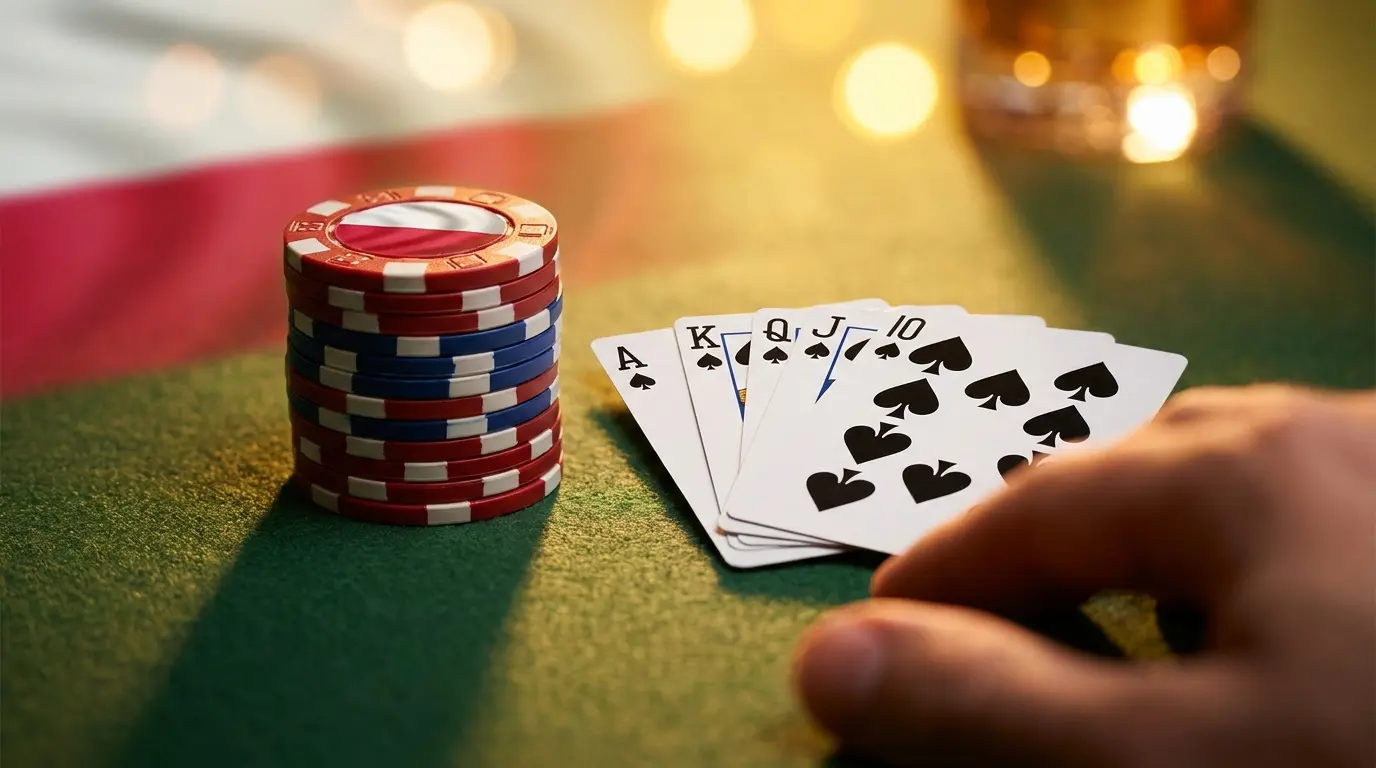 呕etony pokerowe i karty na zielonym stole do gry