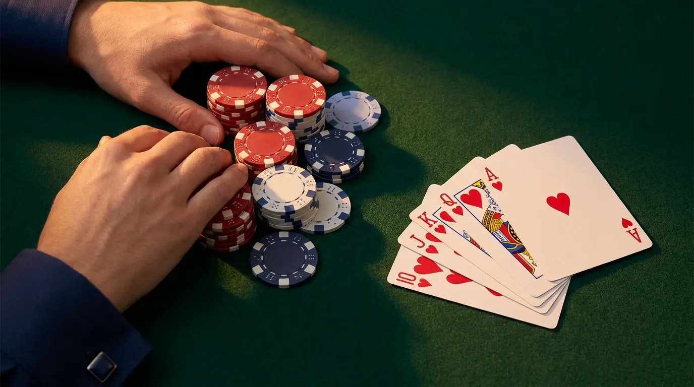 Żetony pokerowe i karty na stole w kolorach polskiej flagi