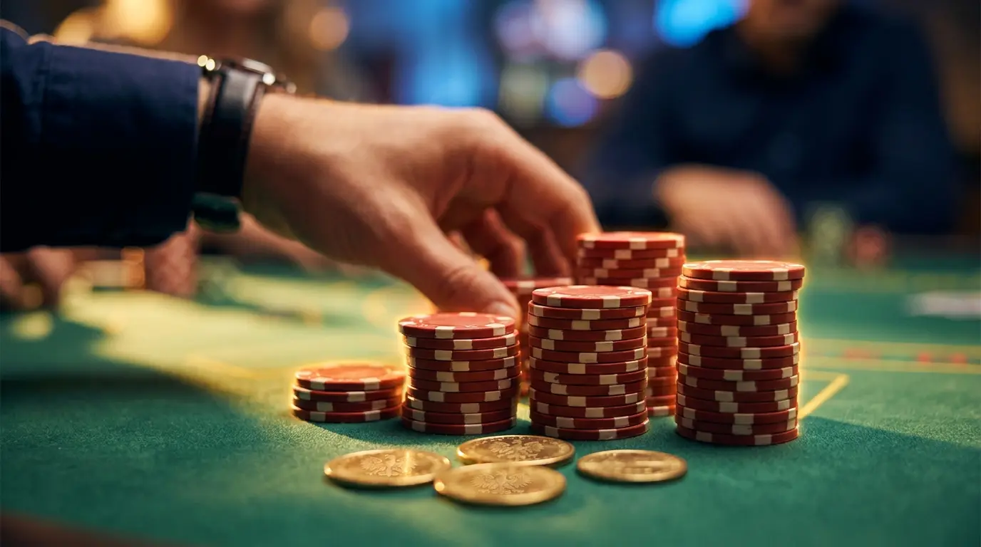 Żetony kasynowe i złote monety na zielonym stole pokerowym