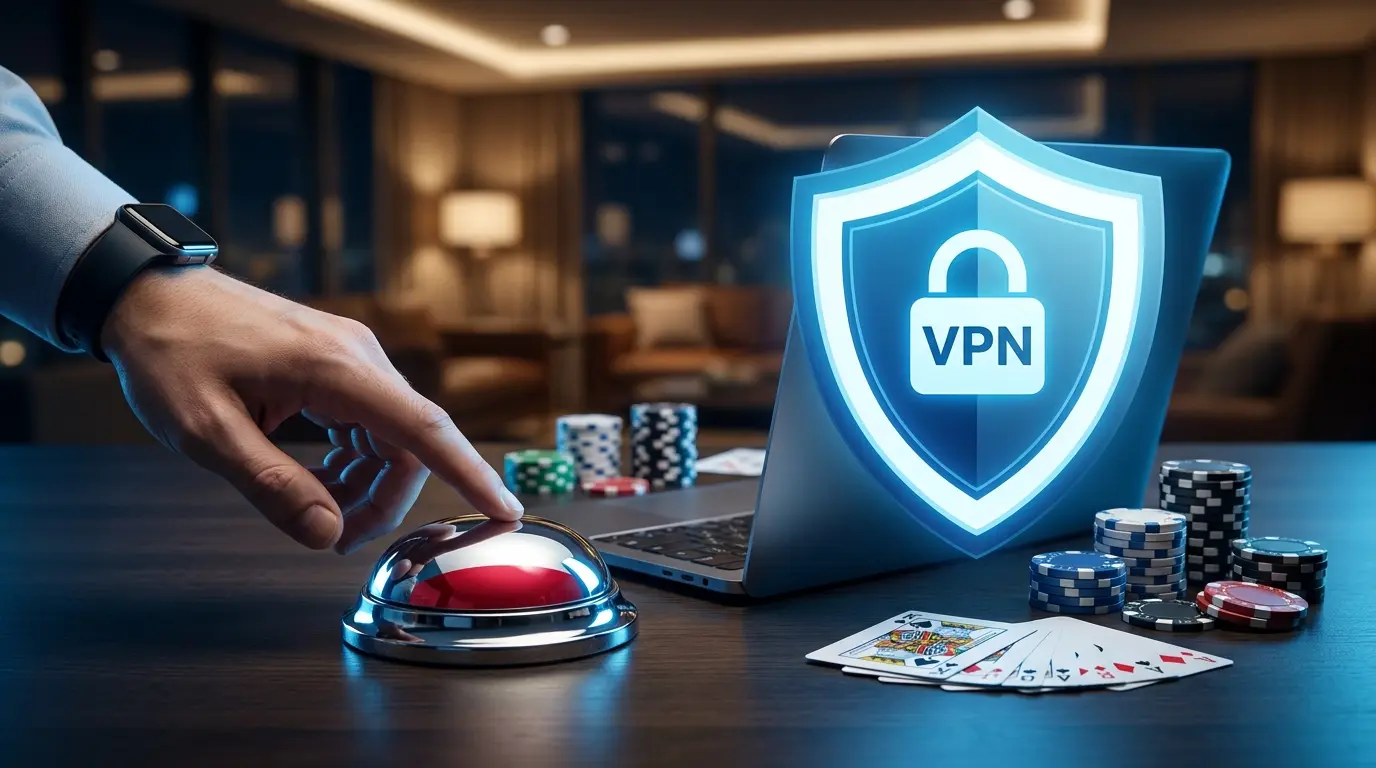 Laptop z symbolem VPN, żetony kasynowe i karty do gry