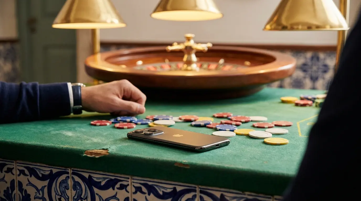 Smartphone em mesa de casino com fichas e azulejos portugueses