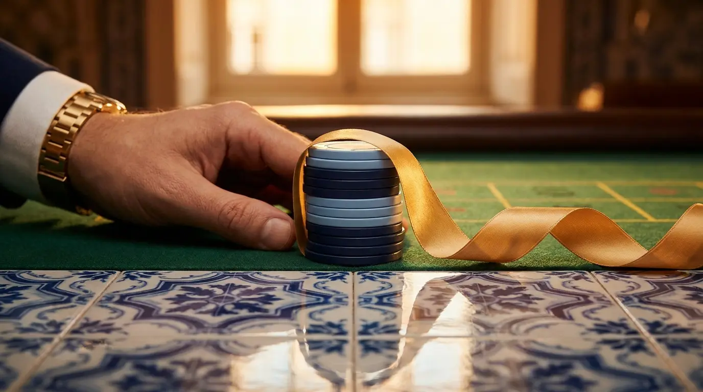 Fichas de casino com fita dourada em mesa de feltro verde