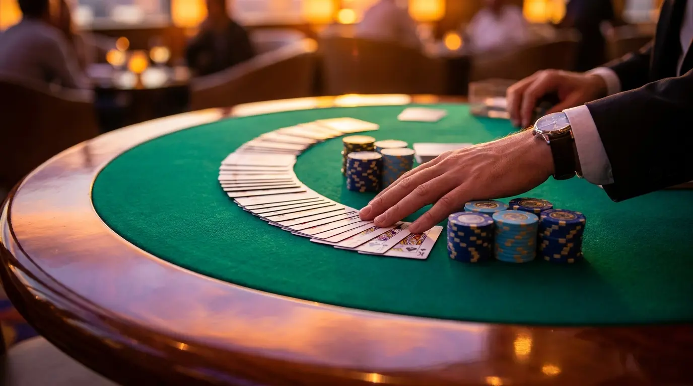 Cartas de jogo e fichas de casino em mesa verde