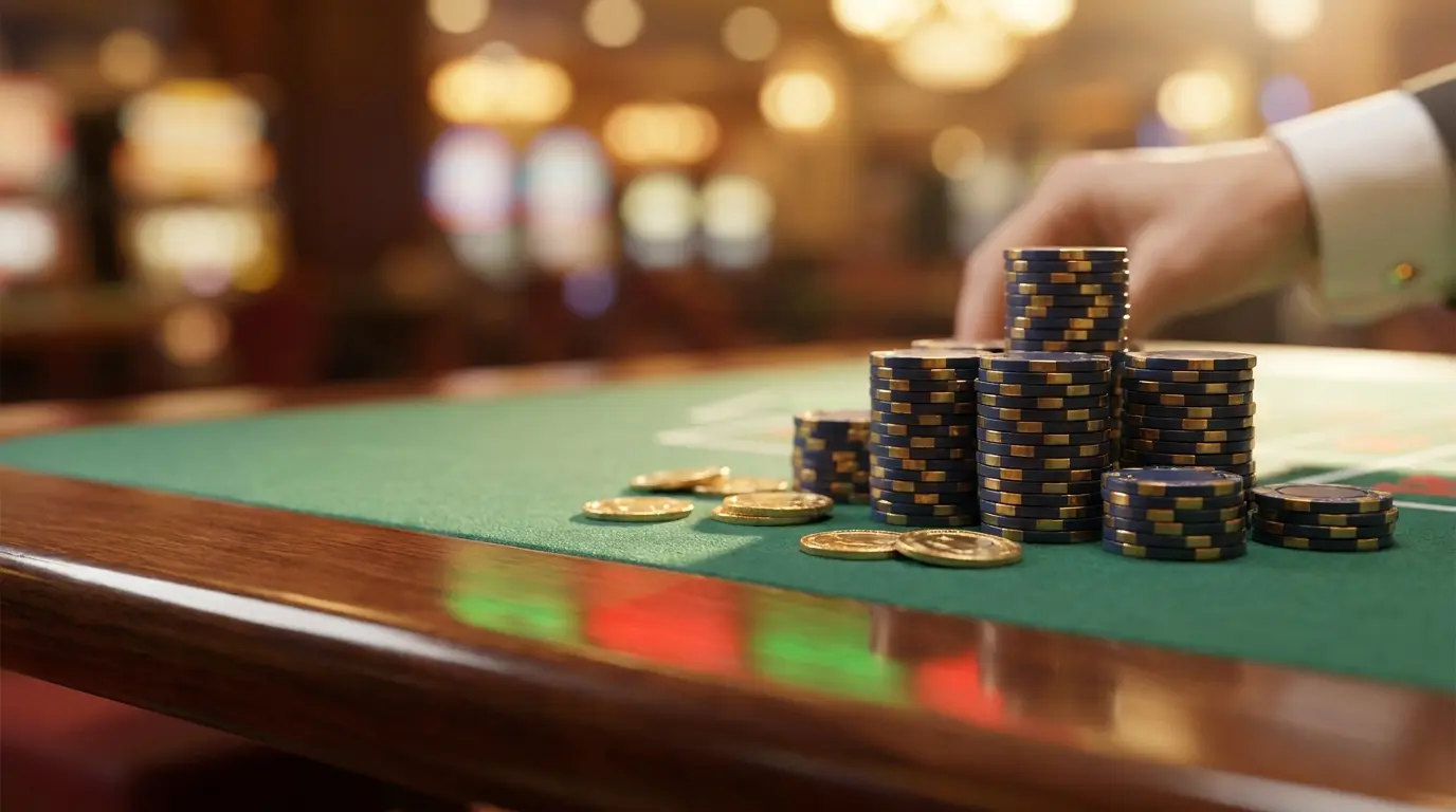 Fichas de casino e moedas douradas em mesa de jogo verde