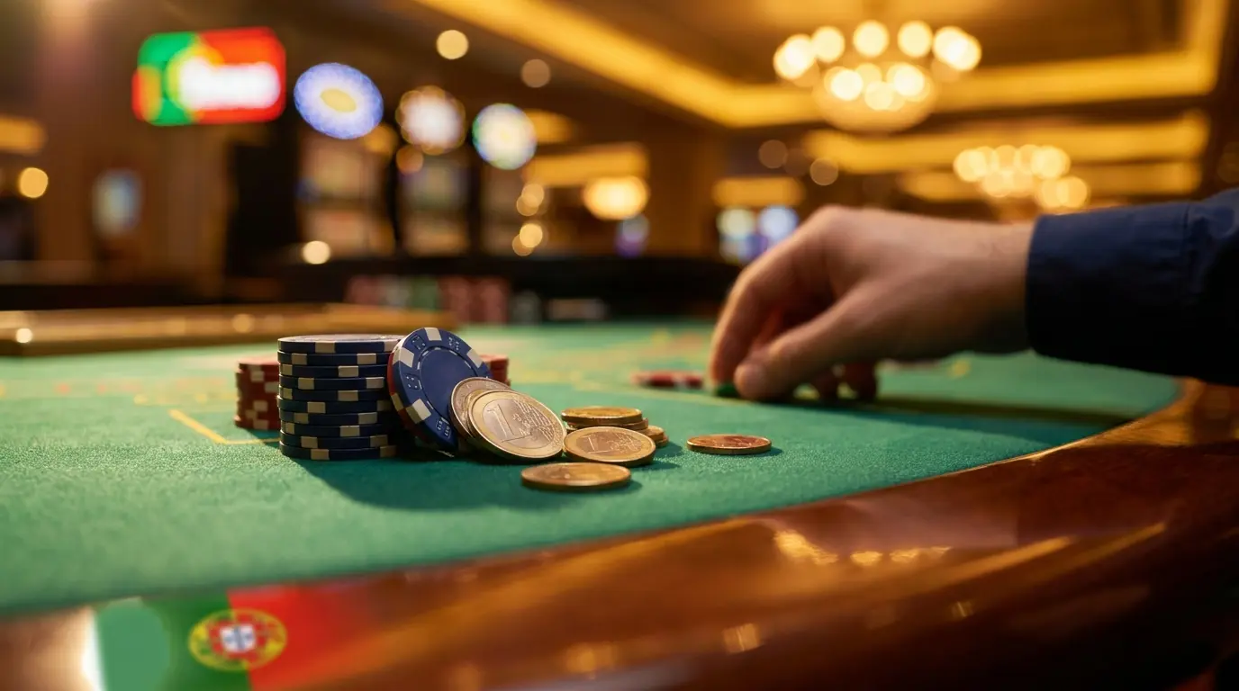 Fichas de casino e moedas de euro em mesa de jogo verde