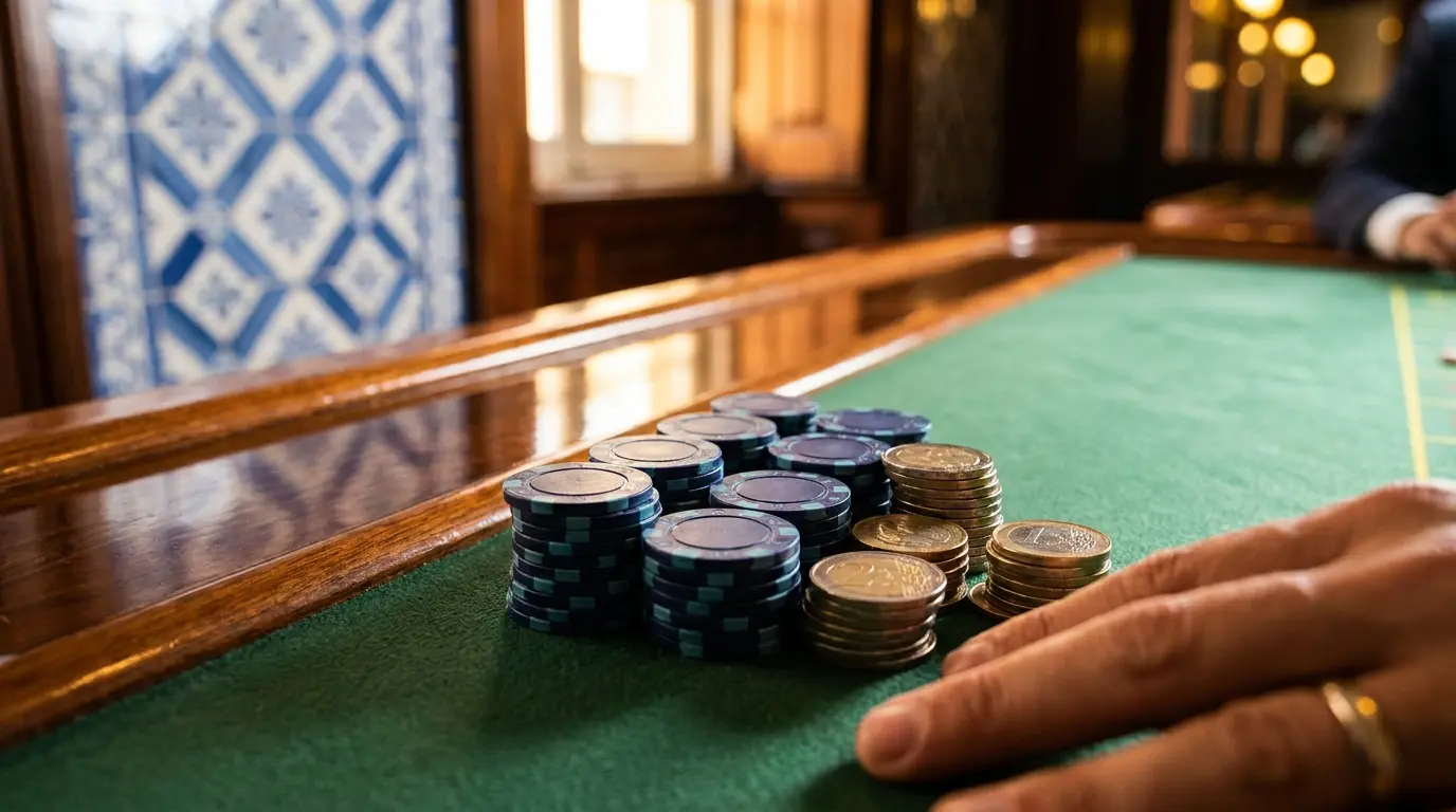 Fichas de casino e moedas euro sobre mesa de jogo verde