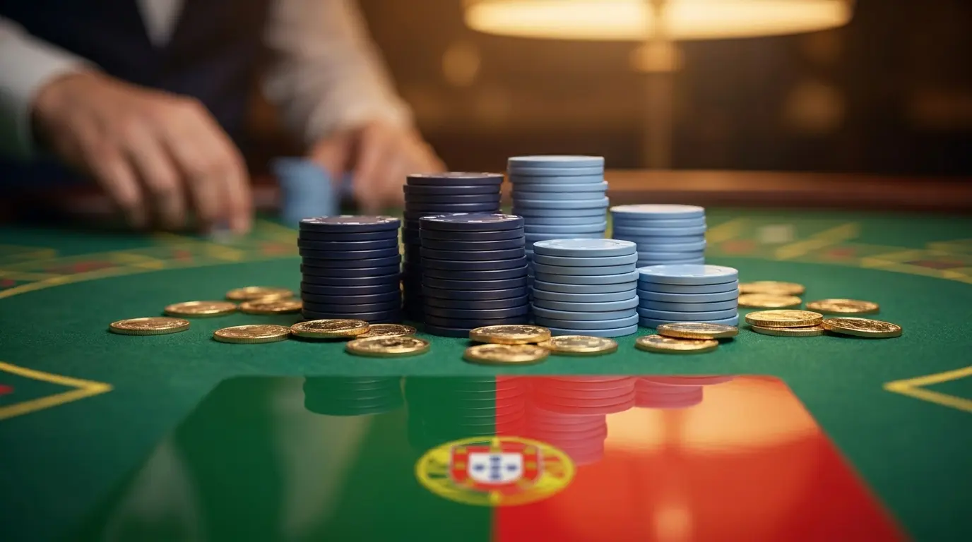 Fichas de casino e moedas em mesa verde com cores portuguesas
