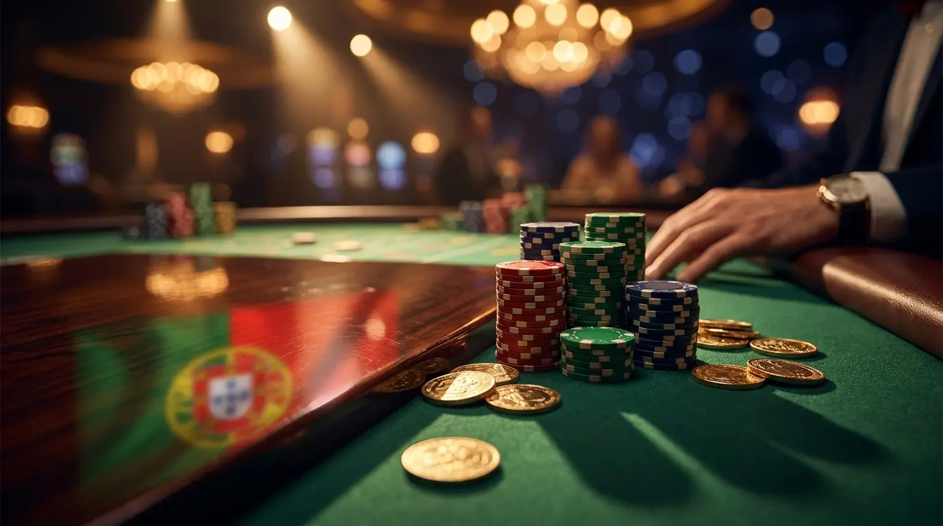Fichas de casino e moedas douradas sobre mesa de jogo verde