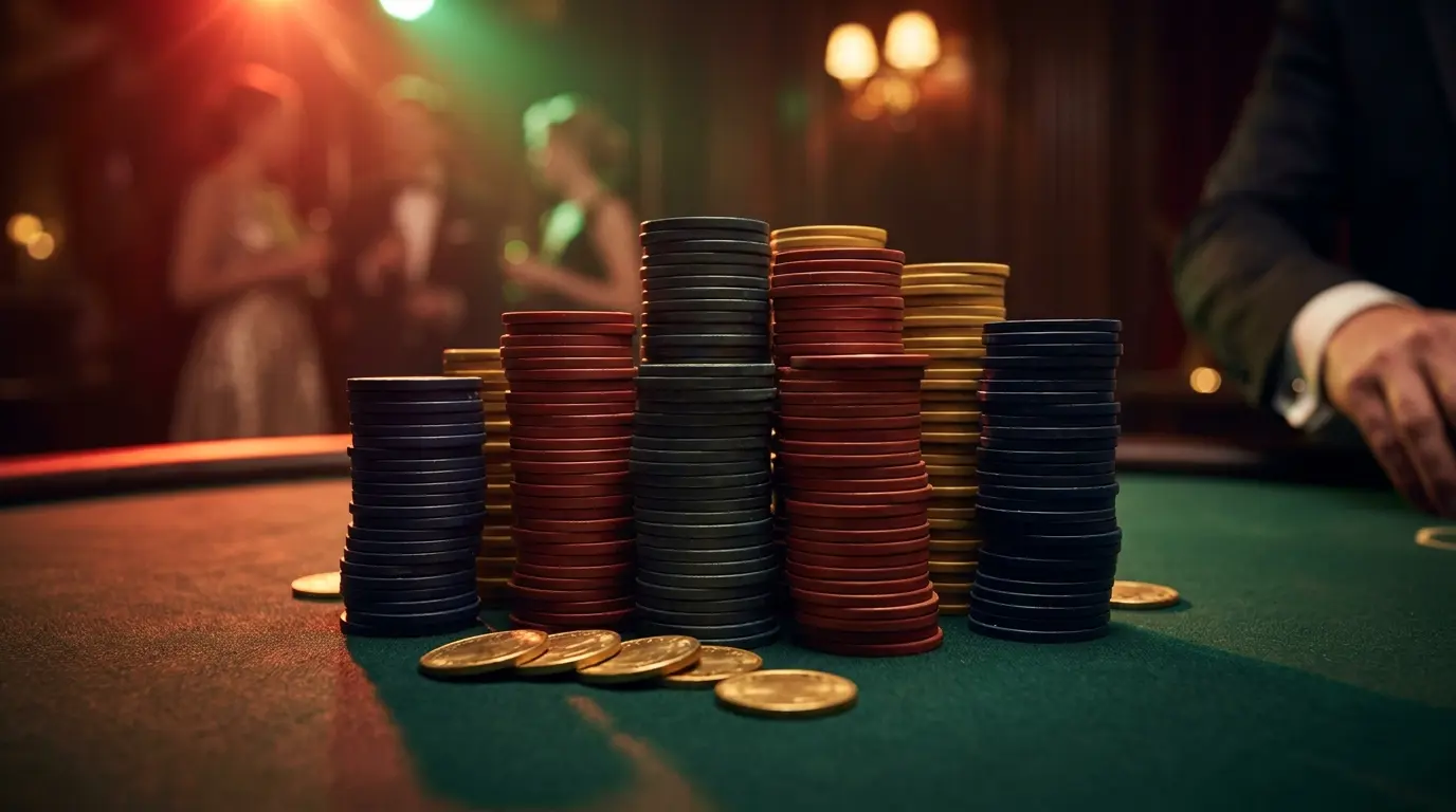 Fichas de casino empilhadas em mesa verde com iluminação portuguesa