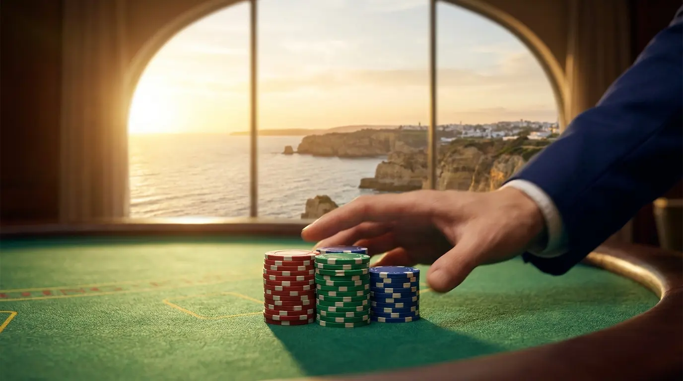 Fichas de casino em mesa verde com pôr do sol português