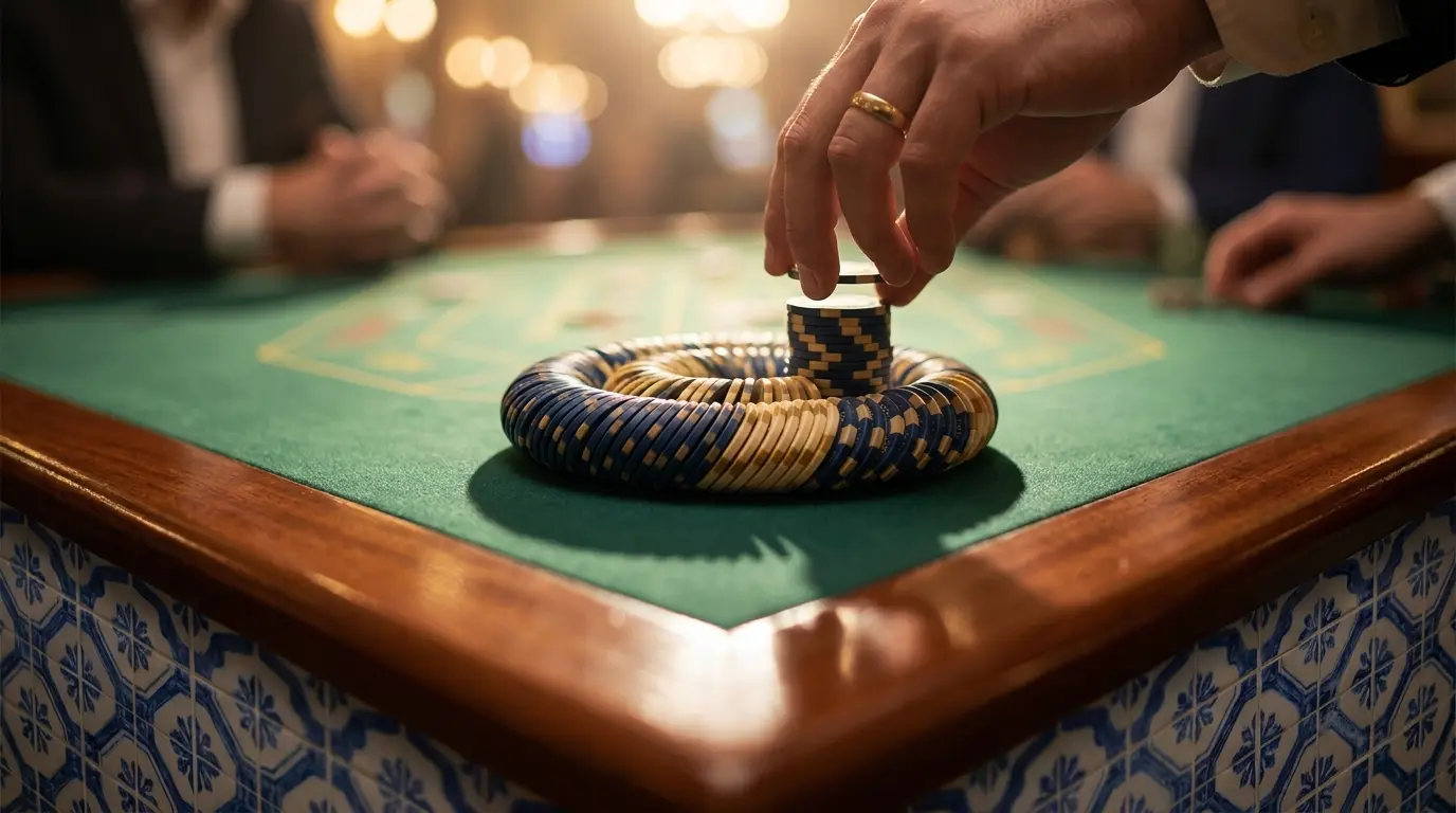 Fichas de casino empilhadas em mesa verde com padrões portugueses