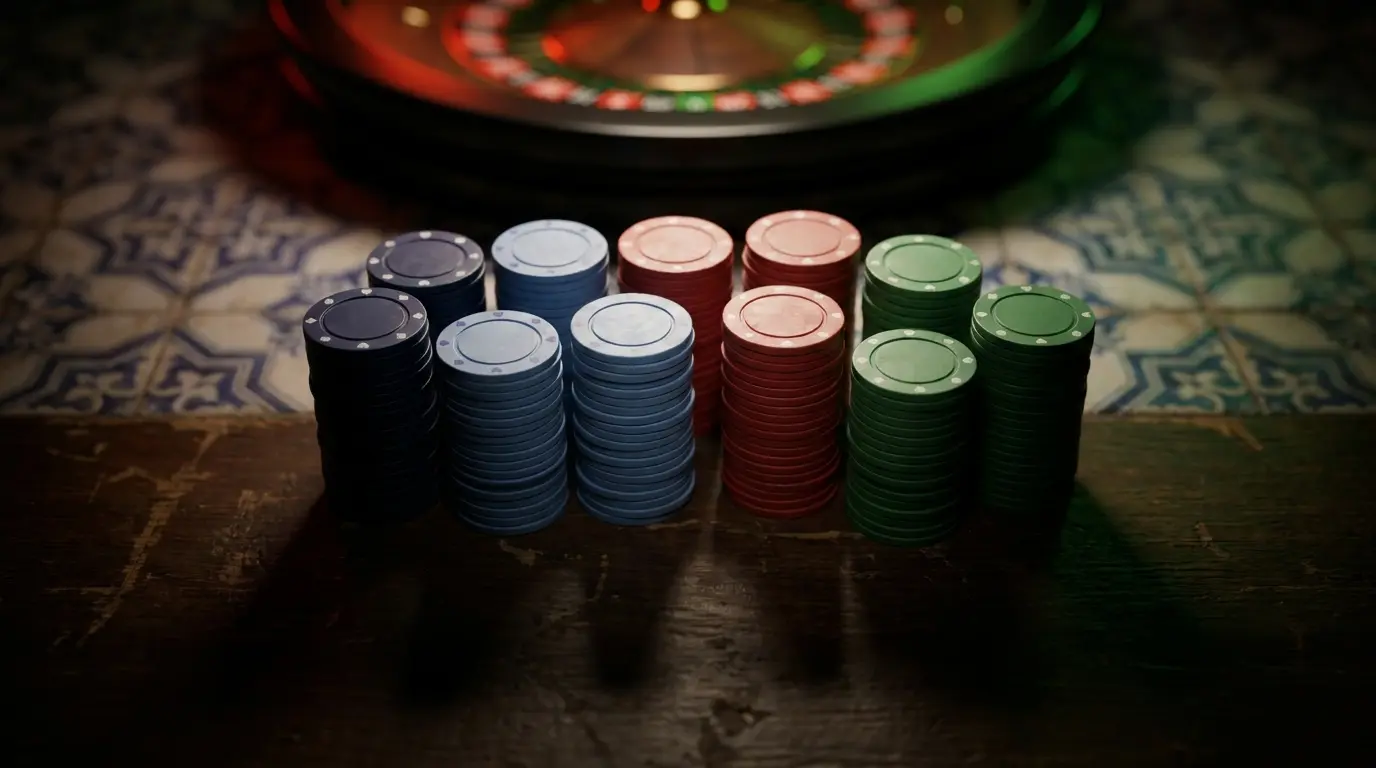 Fichas de casino empilhadas sobre azulejos portugueses