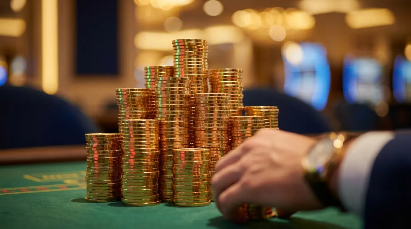 Fichas de casino douradas empilhadas em mesa de jogo verde