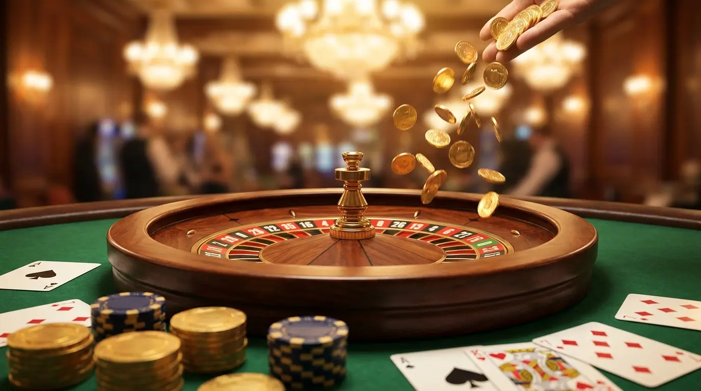 Roleta de casino com fichas douradas e cartas em mesa verde