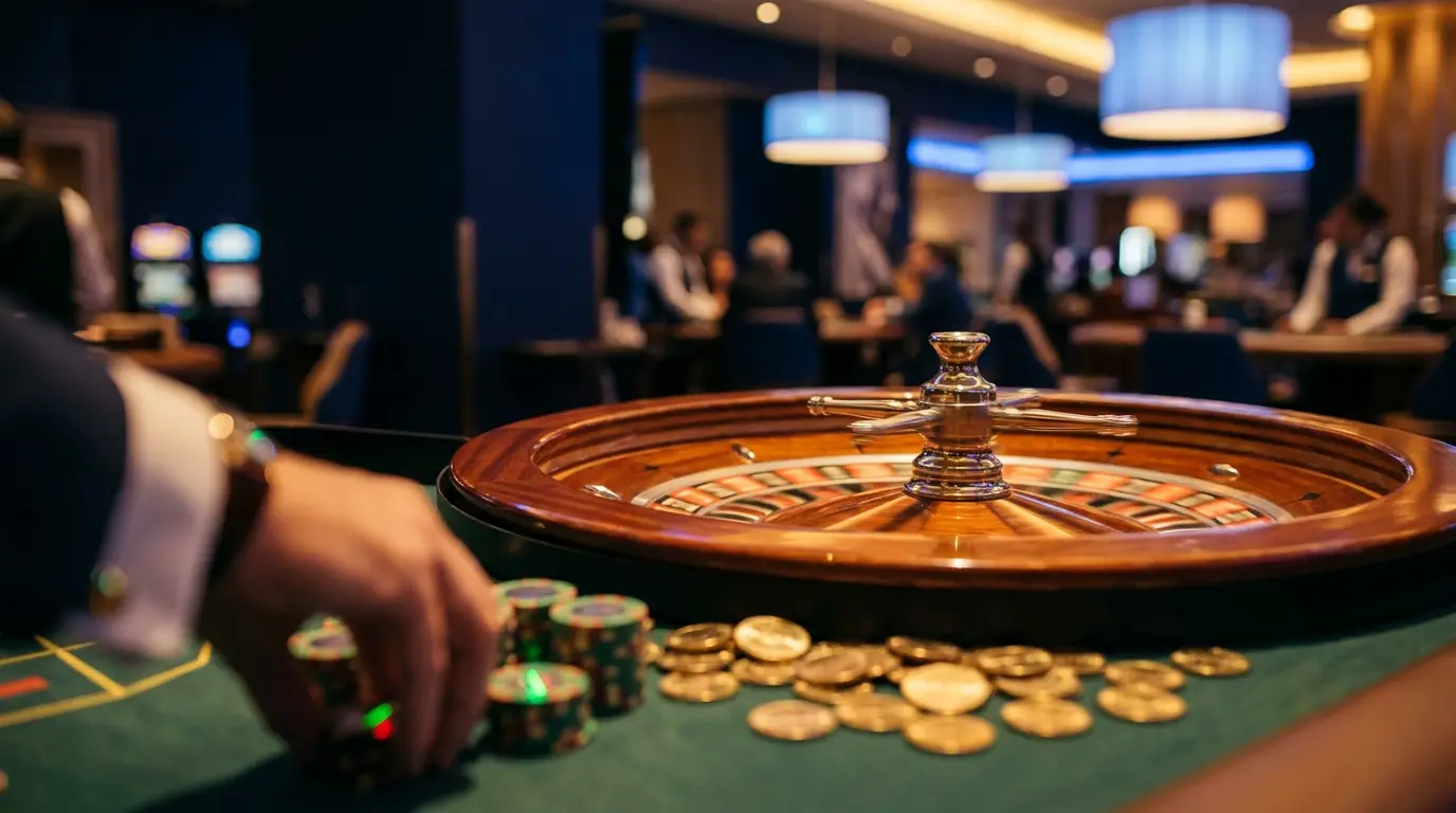 Roleta de casino com moedas douradas e fichas em mesa verde