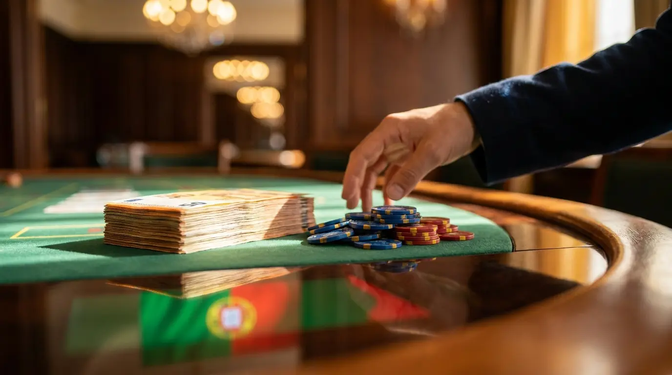 Notas de euro e fichas de casino em mesa verde de jogo