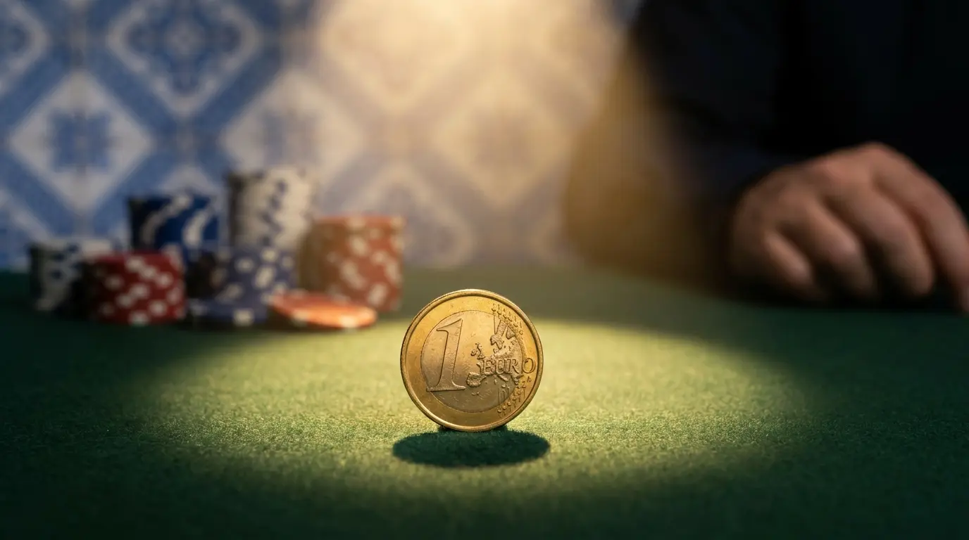 Moeda de euro em mesa de casino com fichas de poker em Portugal