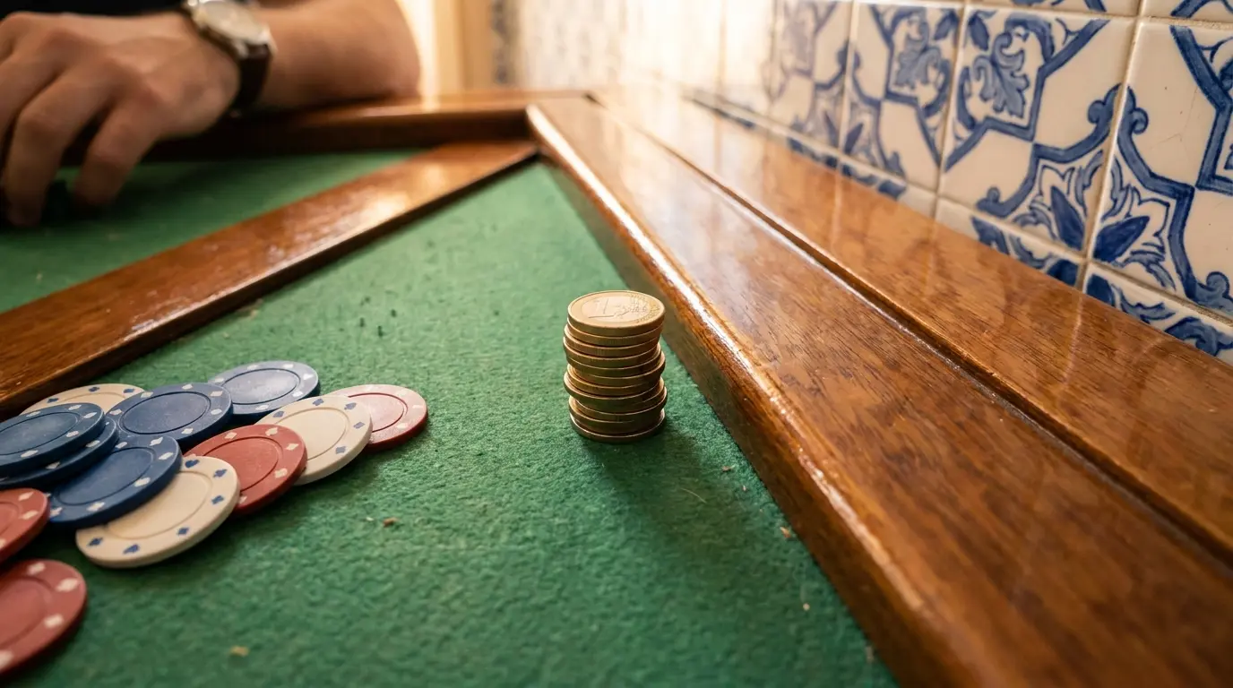 Moedas de euro e fichas de casino em mesa de jogo verde