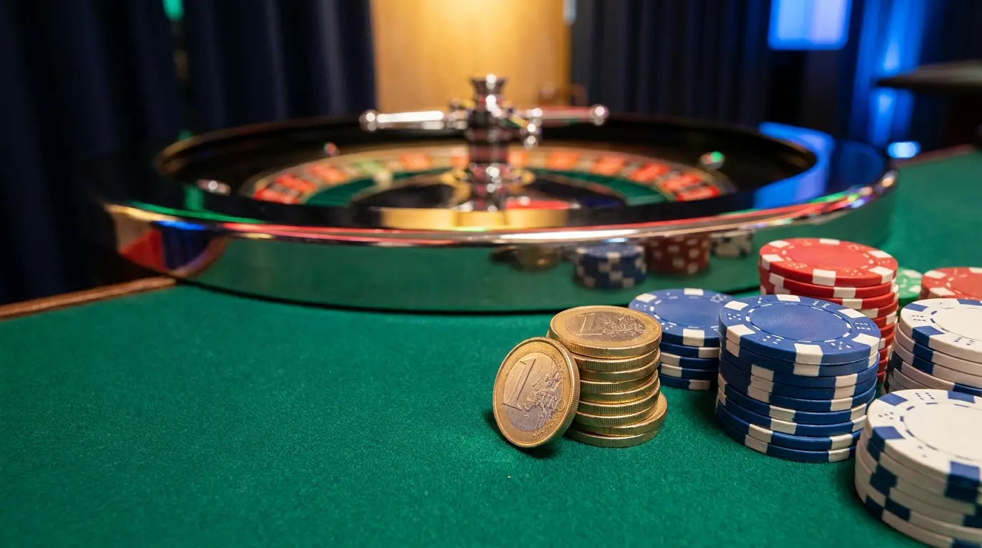Moedas de cinco euros empilhadas em mesa de casino com fichas