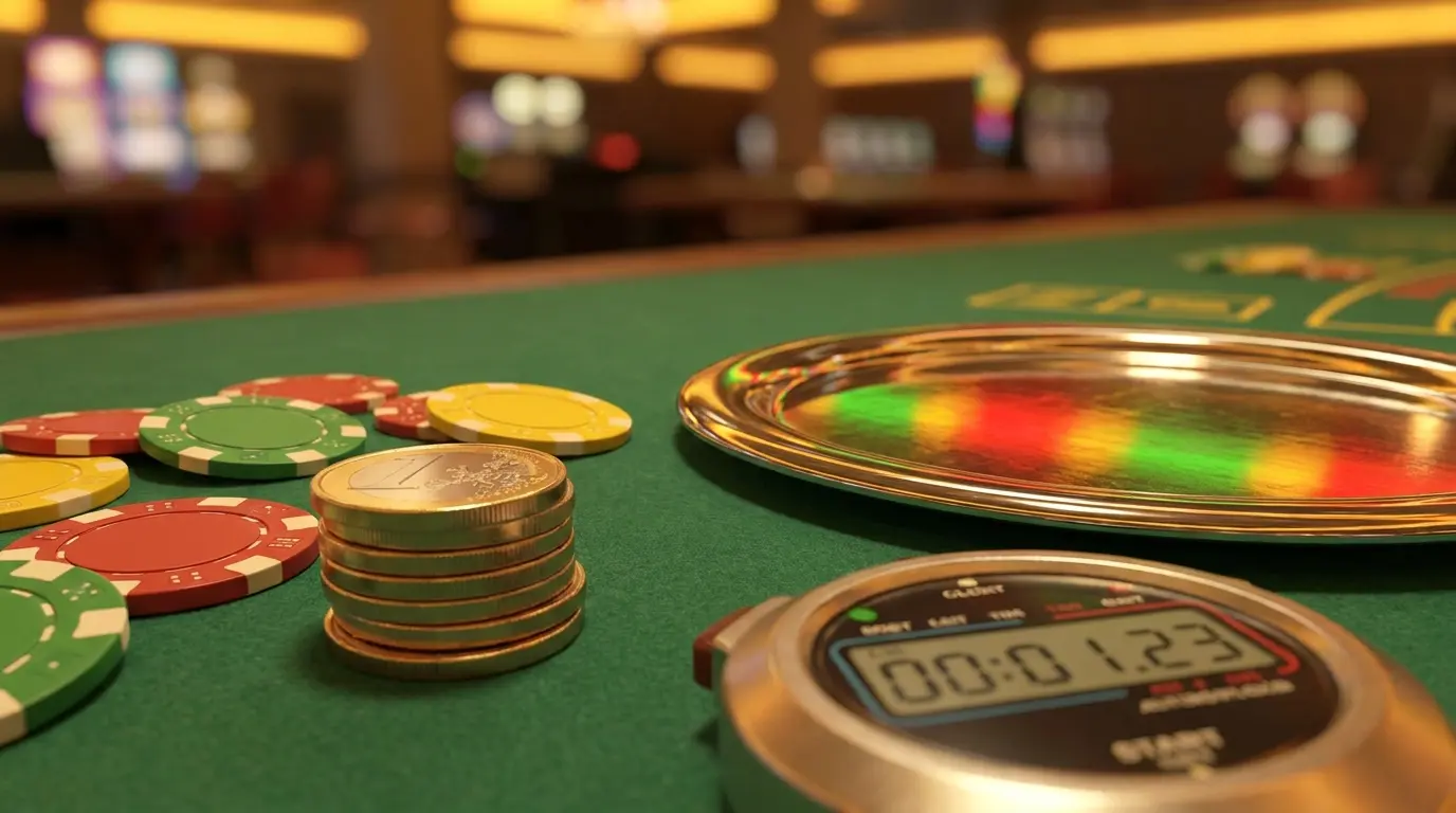 Moedas euro e fichas de casino com cronómetro simbolizando pagamentos rápidos