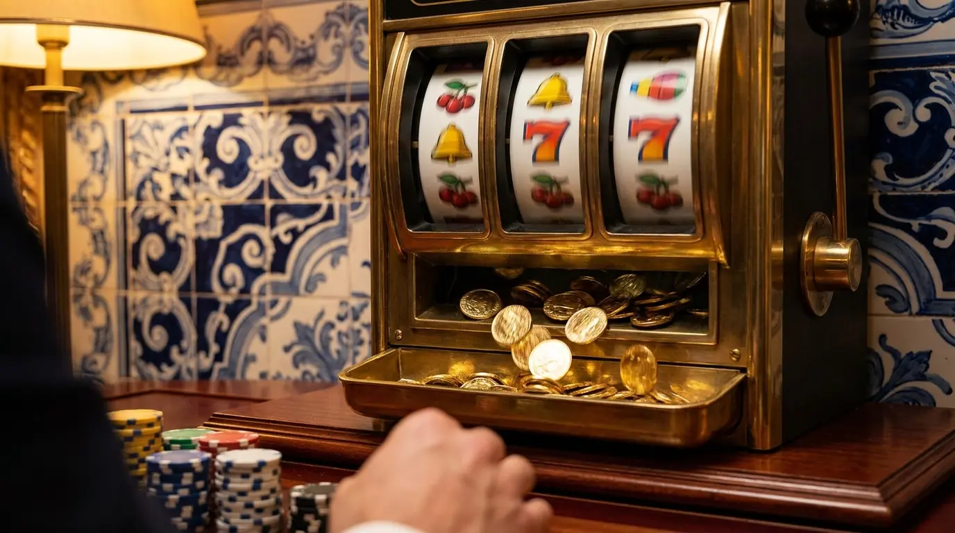 Rodadas grátis de slot machine com moedas douradas e azulejos portugueses