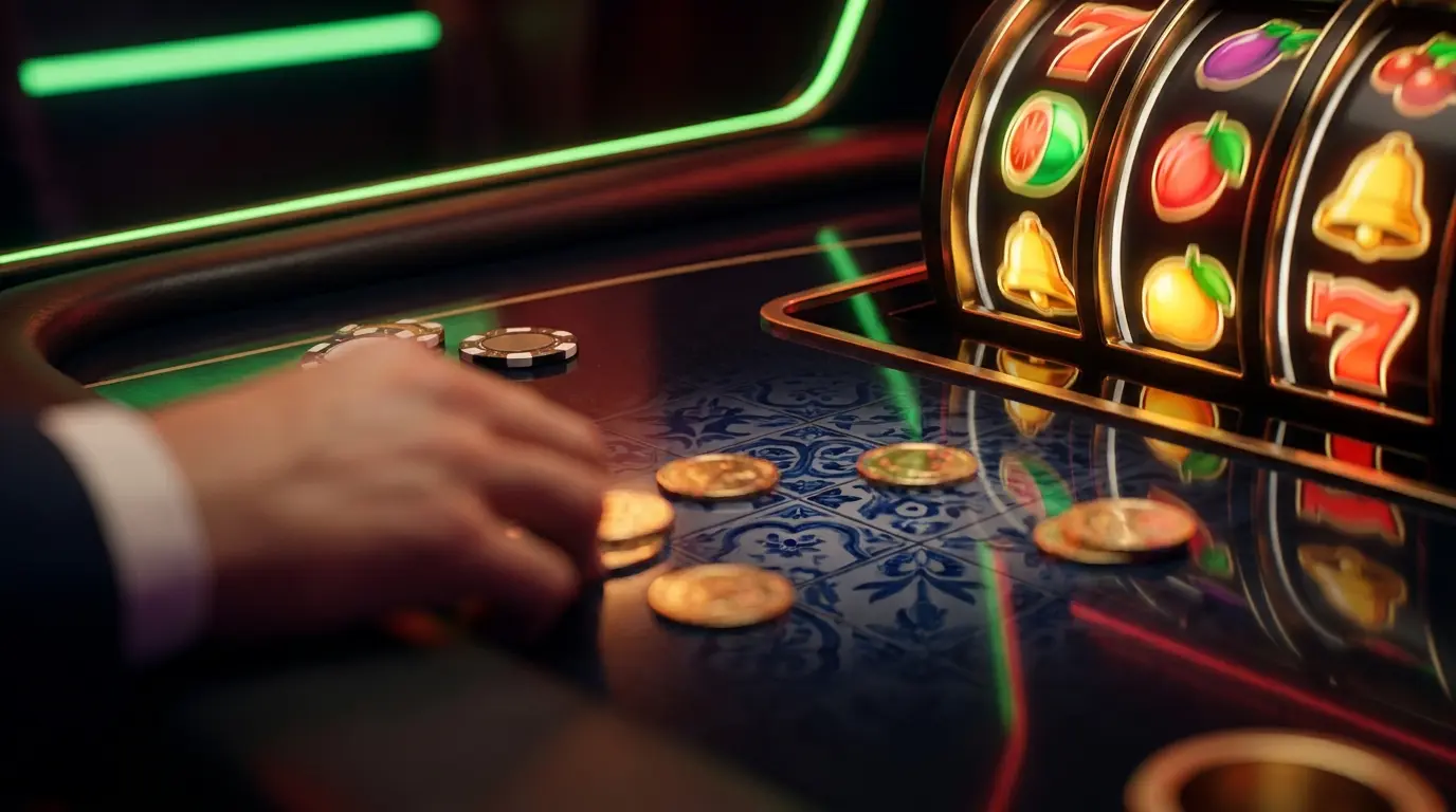 Slot machine com moedas douradas e fichas em casino português