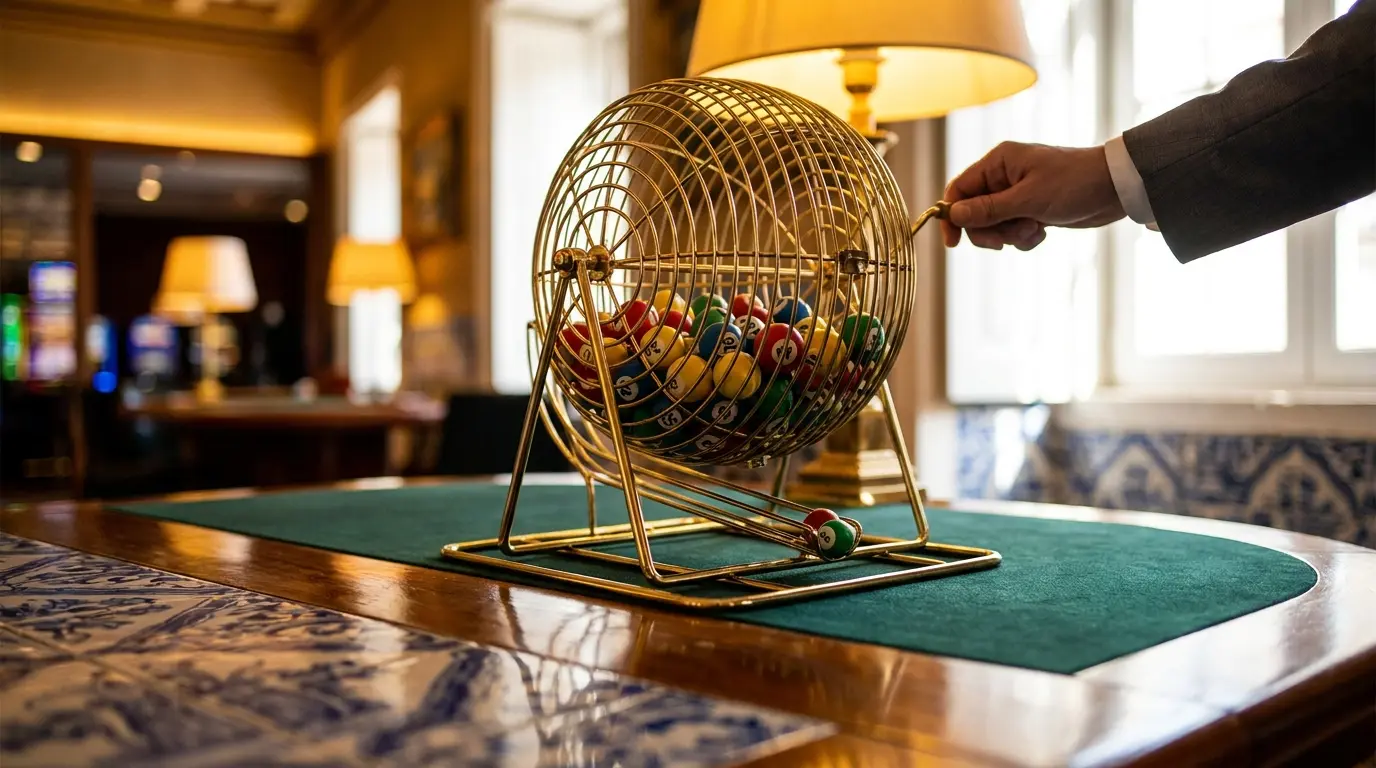 Bolas de keno em gaiola sobre mesa de casino com azulejos portugueses
