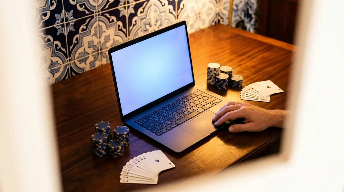 Computador portátil rodeado por fichas de casino e cartas de jogo