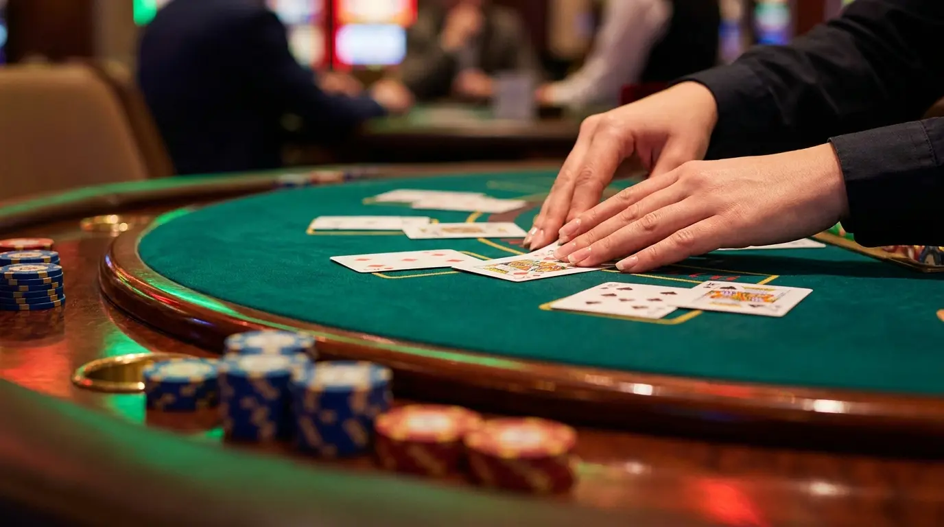 Mesa de blackjack com cartas e dealer ao vivo em casino