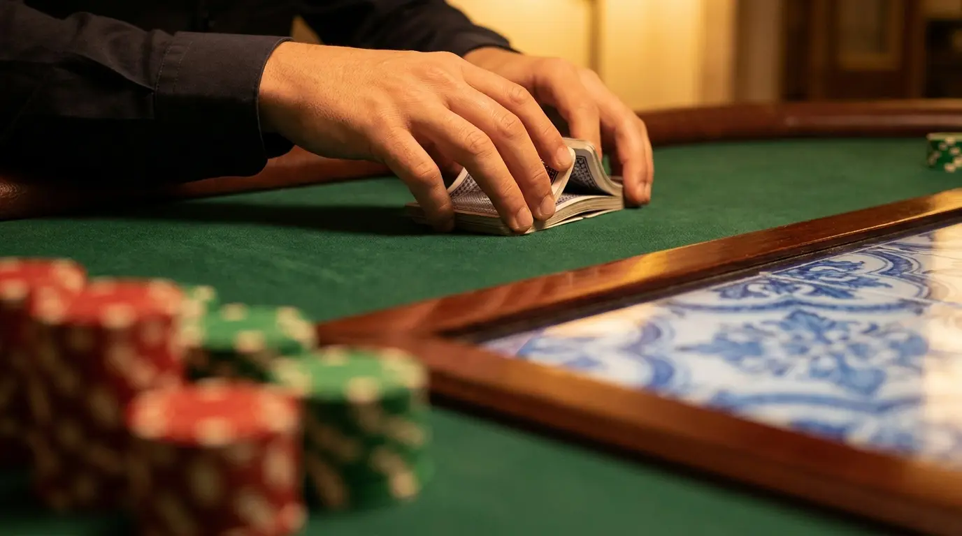 Mãos de dealer ao vivo embaralhando cartas em mesa de casino