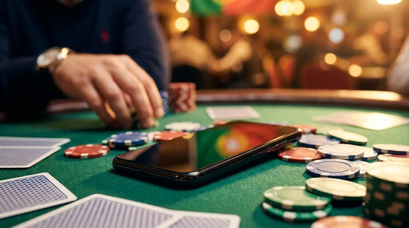 Telemóvel em mesa de casino com fichas e cartas