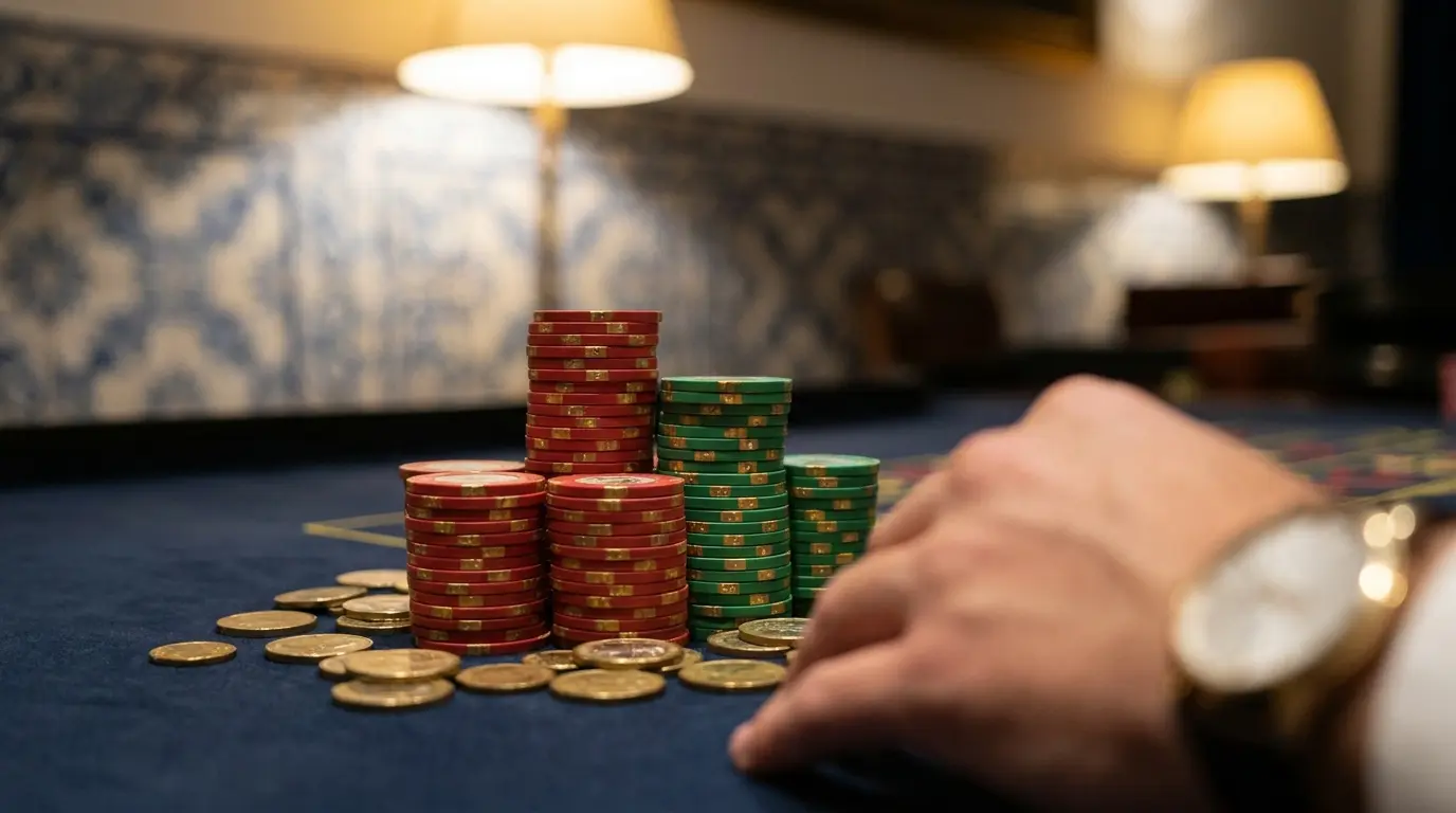 Fichas de casino e moedas sobre mesa de jogo portuguesa