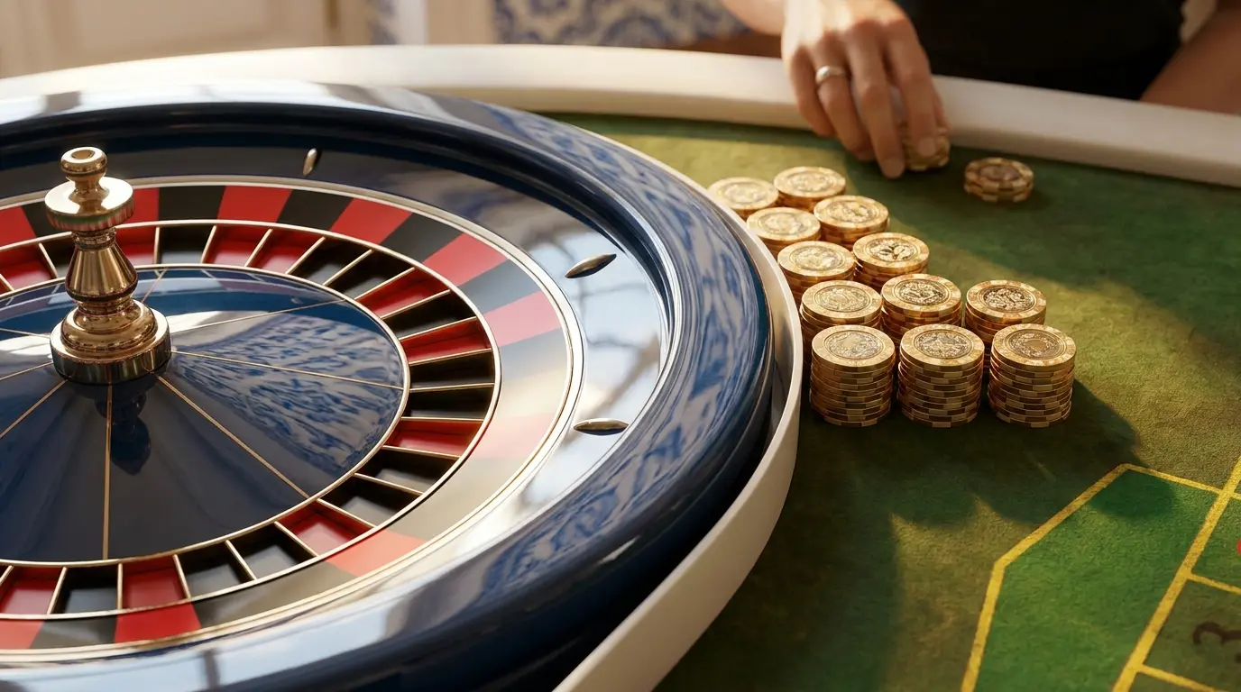 Mesa de casino com roleta e fichas sobre azulejos portugueses