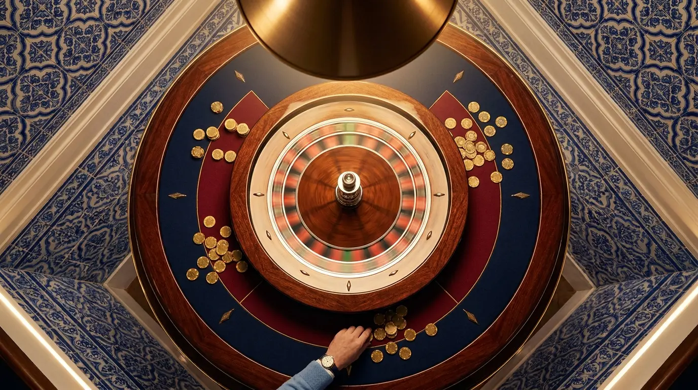 Roleta de casino com fichas douradas e padrões portugueses