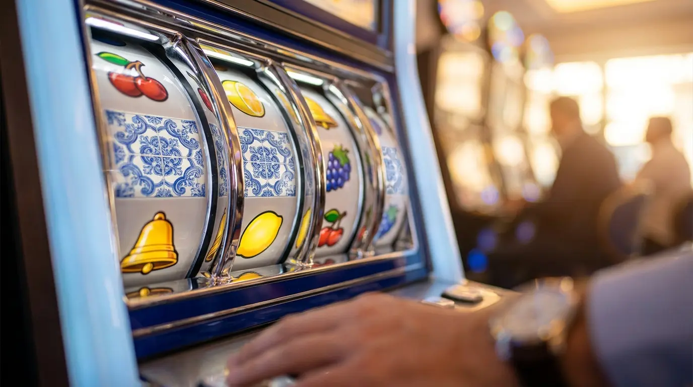 Máquinas de slots com símbolos coloridos e padrões azulejos portugueses