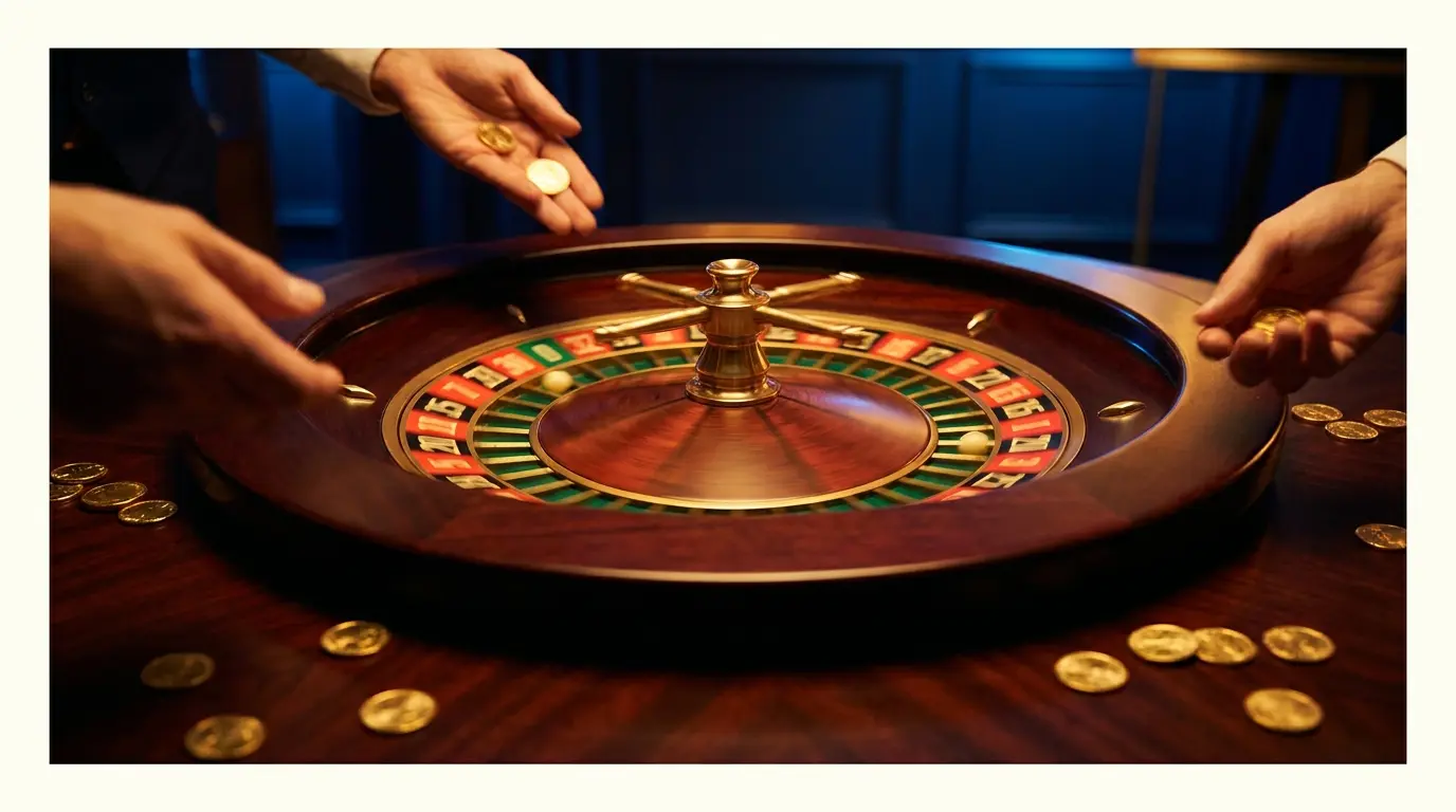 Roleta de casino a girar com moedas douradas dispersas