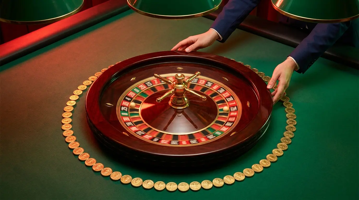 Roda de roleta com moedas douradas em casino português