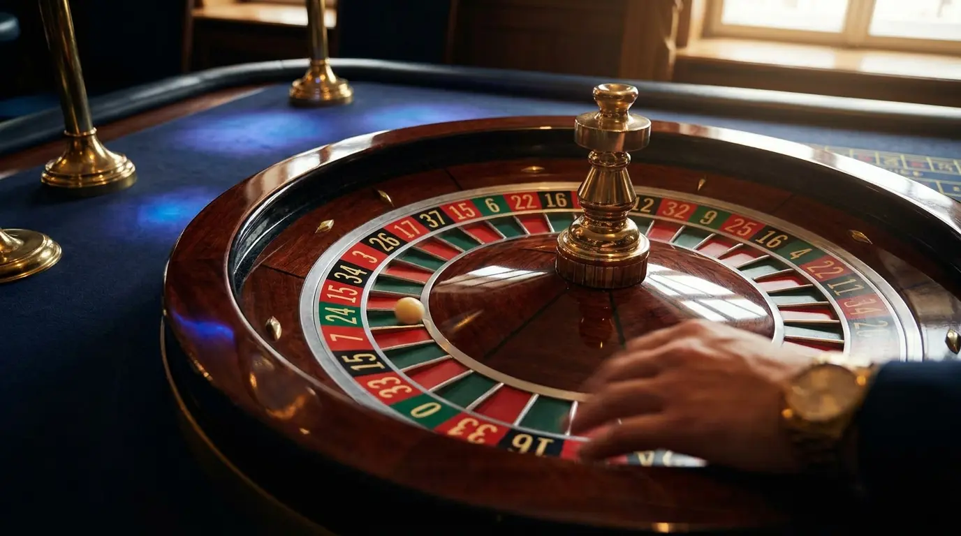 Roleta de casino a girar com iluminação dourada elegante
