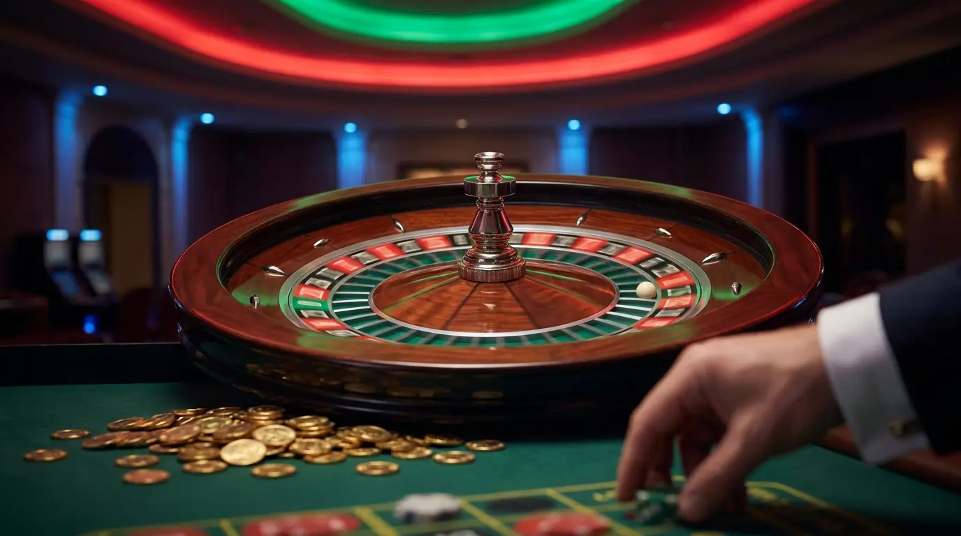Roleta de casino a girar com iluminação dramática e moedas douradas