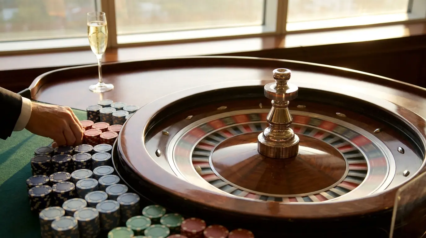 Roleta de casino ao vivo a girar com fichas coloridas
