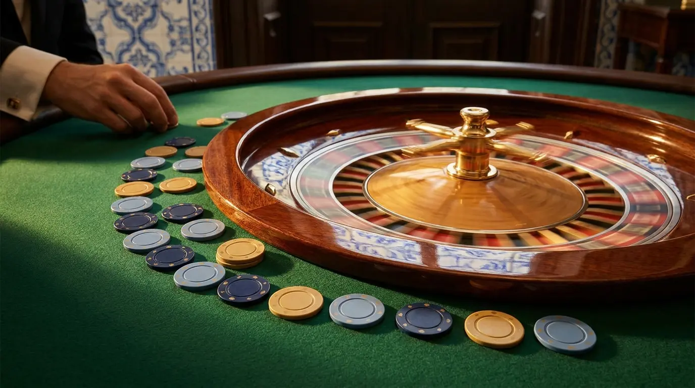 Roda de roleta com fichas de casino em feltro verde